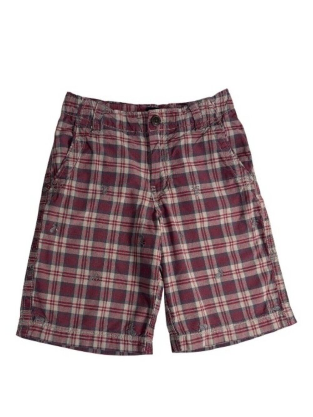 Gap Kids Boys Shorts Embroidered Skull & Crossbones 8 Red Gray Plaid 100% Cotton